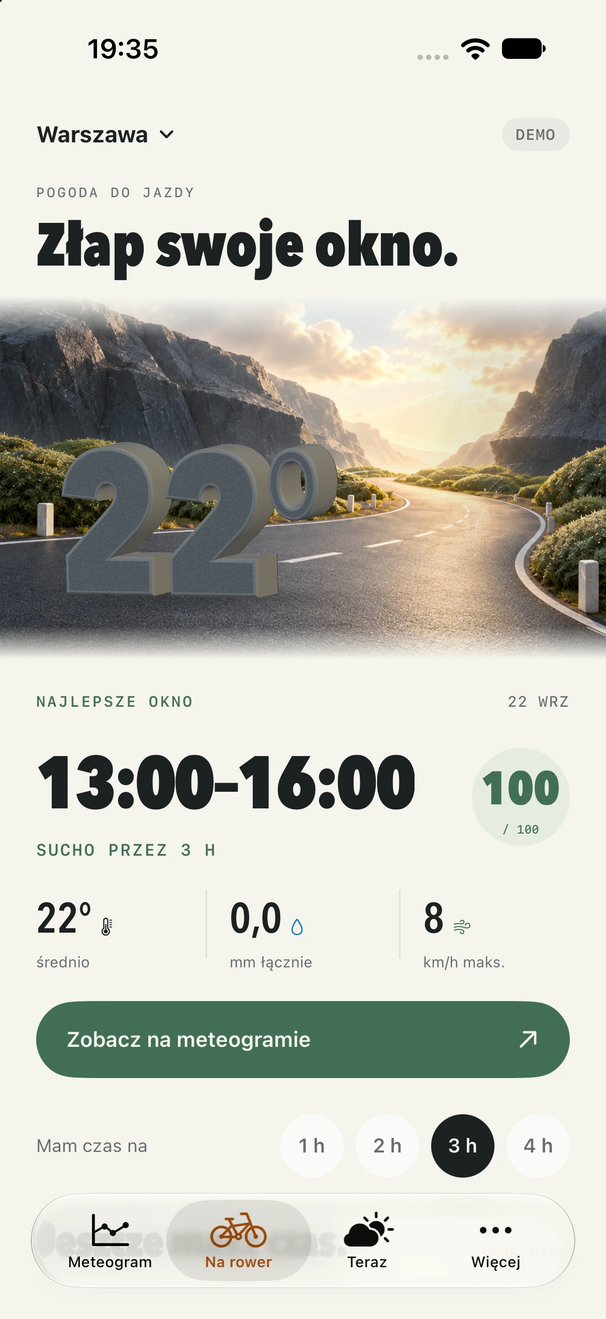 Choosing a cycling window for a location. This screen uses DEMO data.