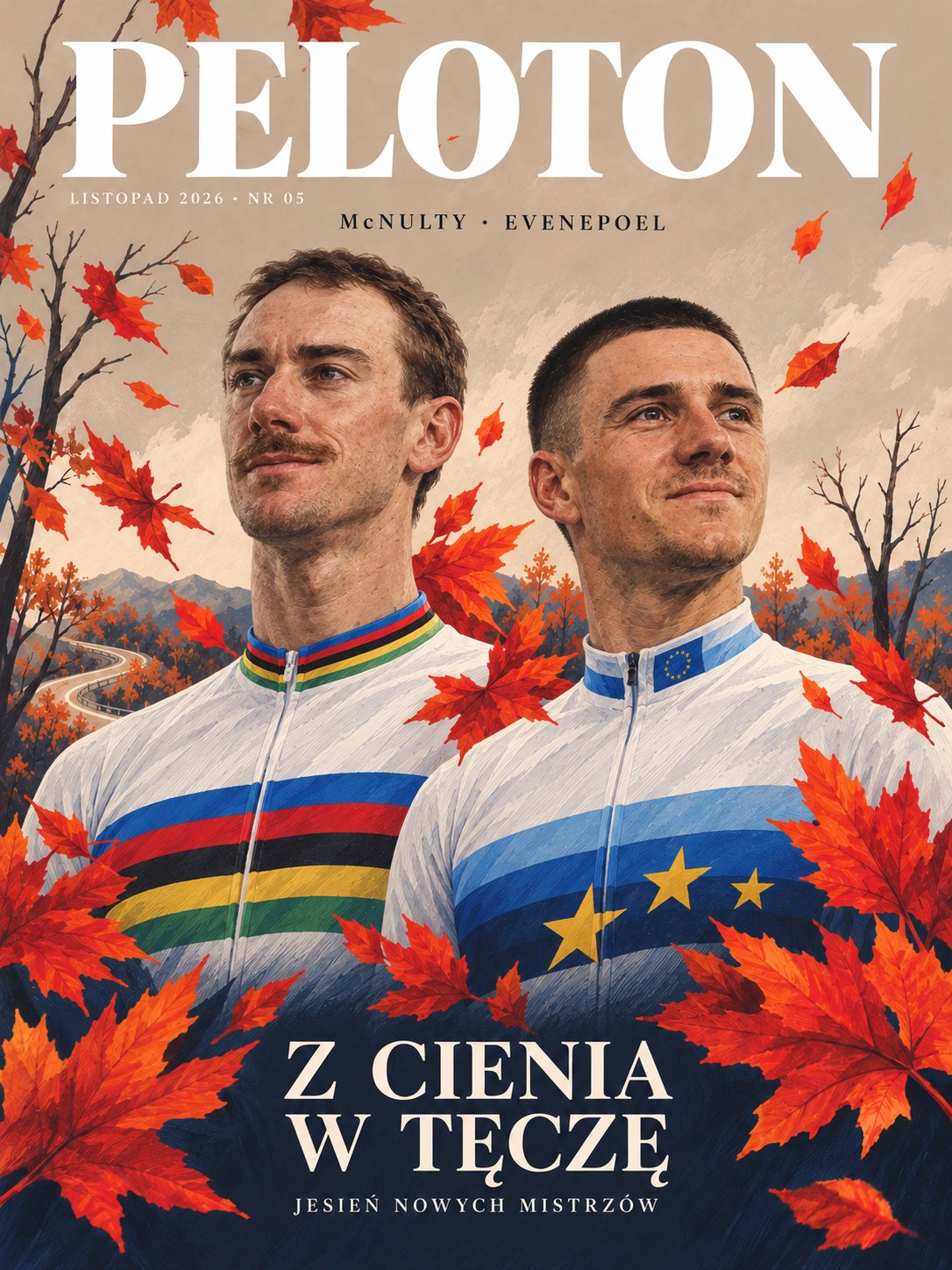 Malarska okładka Pelotonu numer 05: Brandon McNulty w tęczowej koszulce mistrza świata i Remco Evenepoel w biało-niebieskiej koszulce mistrza Europy ze złotymi gwiazdami. Czerwone jesienne liście, granatowe cienie i ciepłe beżowe tło. Tytuł: Z cienia w tęczę.