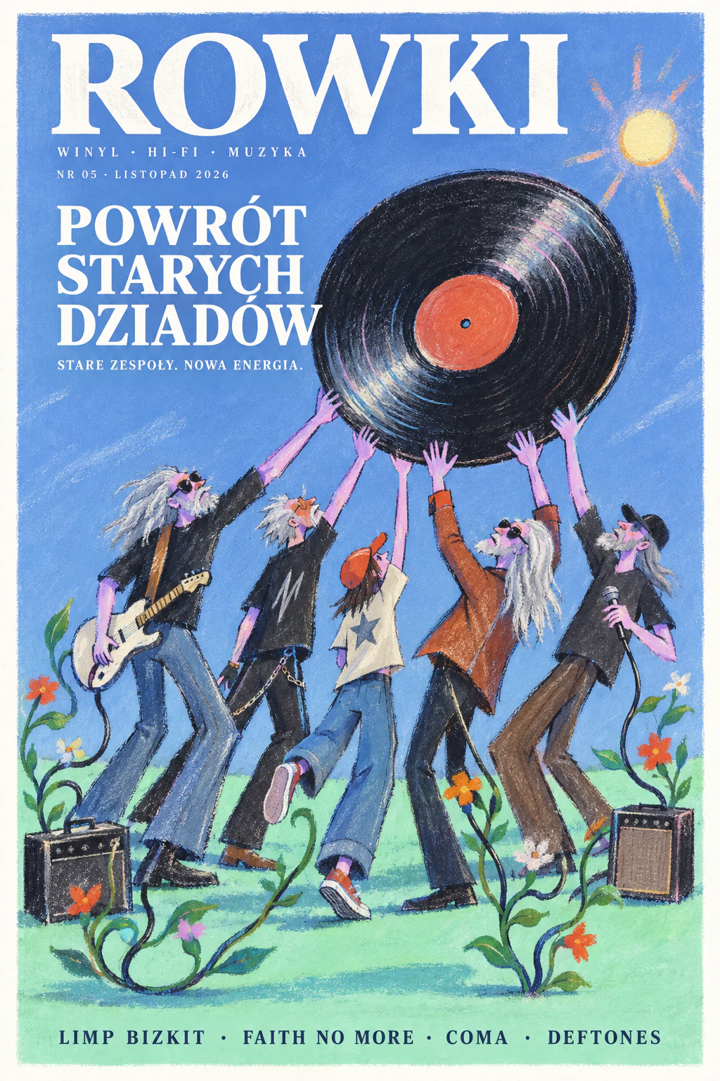 Pastelowa okładka Rowki 05: starsi rockmani i młodszy słuchacz wspólnie unoszą czarną płytę. Tytuł: Powrót starych dziadów.