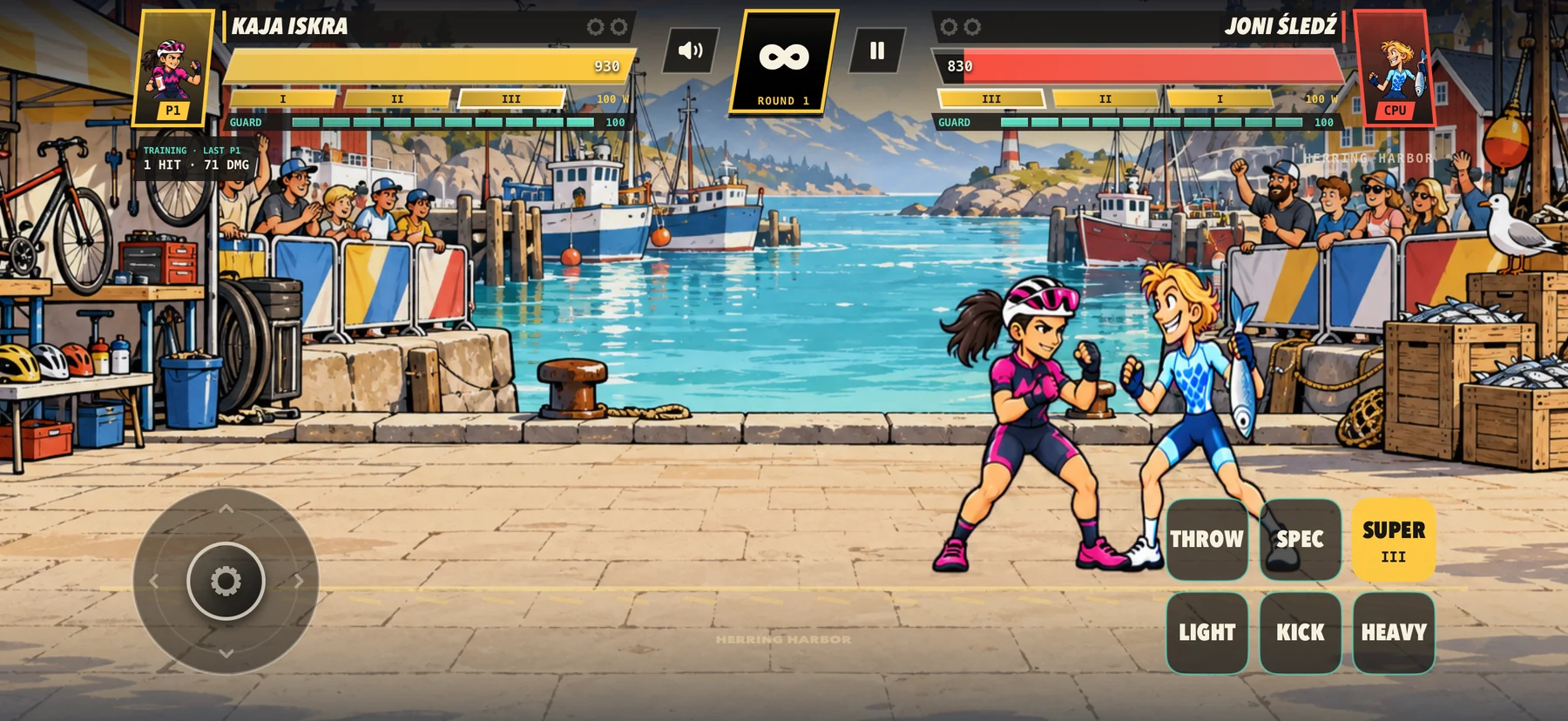 A one-on-one duel with comic-book fighters, a cycling arena and WATTS energy. Prototype screen.