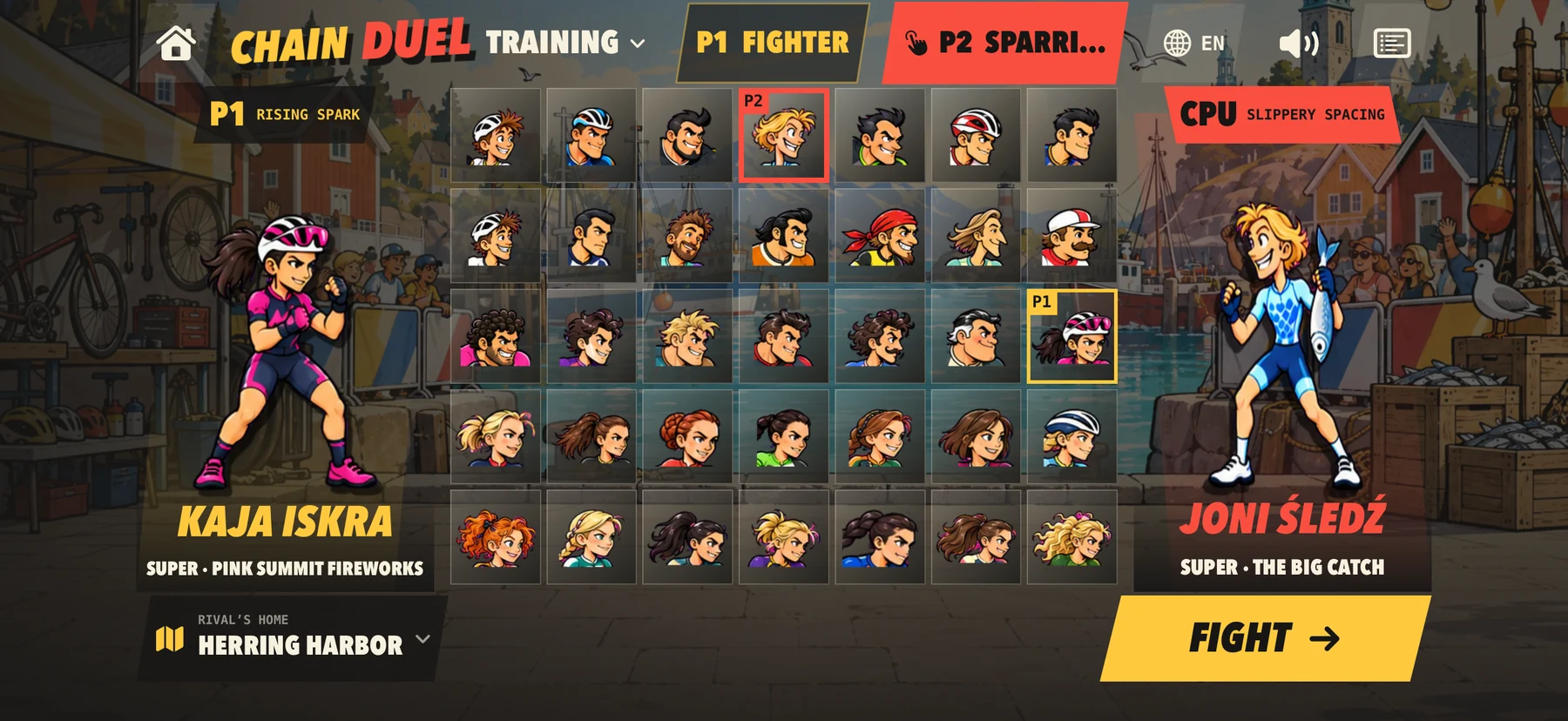 Choose from 35 fictional riders with different fighting styles. Prototype screen.