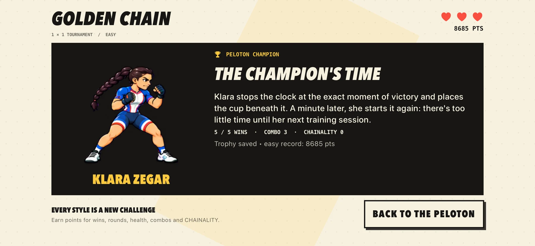 The Golden Chain trophy and a character’s own ending. Prototype screen.