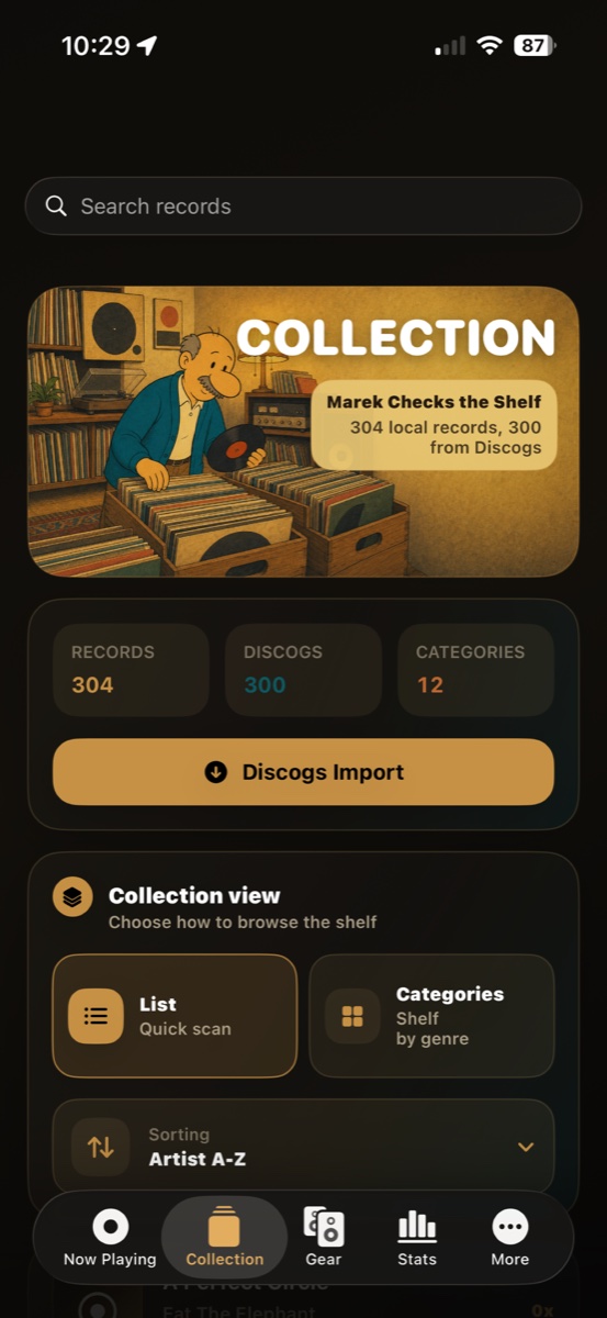 A record collection with Discogs import, categories, and sorting.