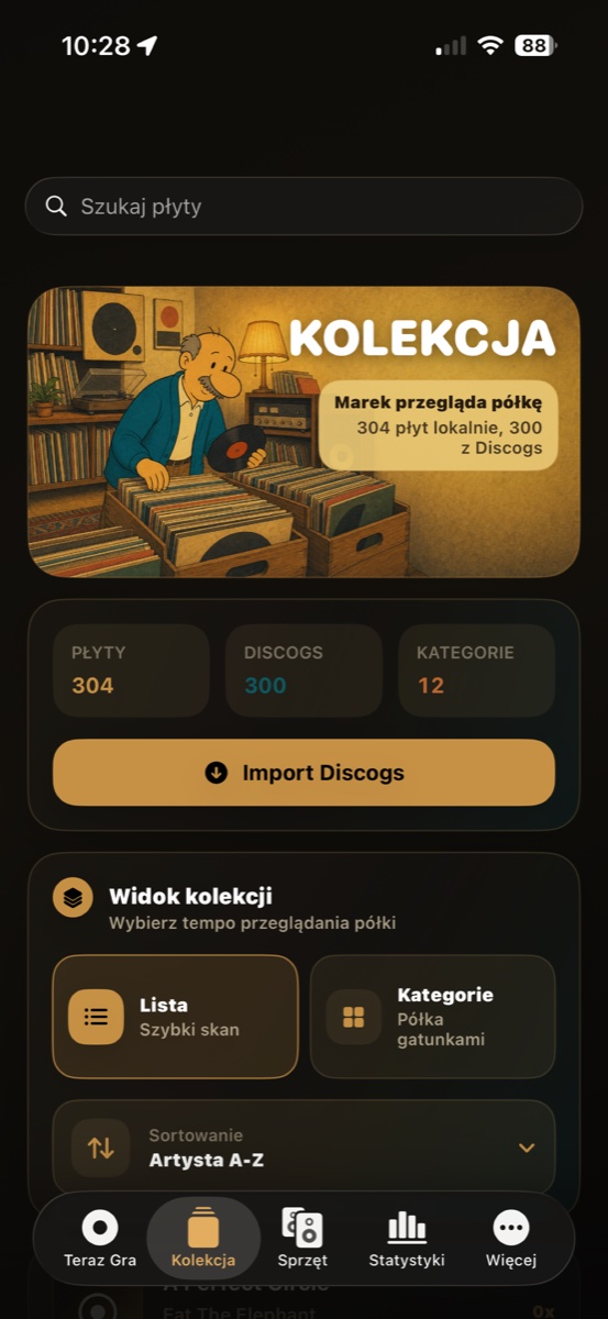 Kolekcja płyt z importem Discogs, kategoriami i sortowaniem.