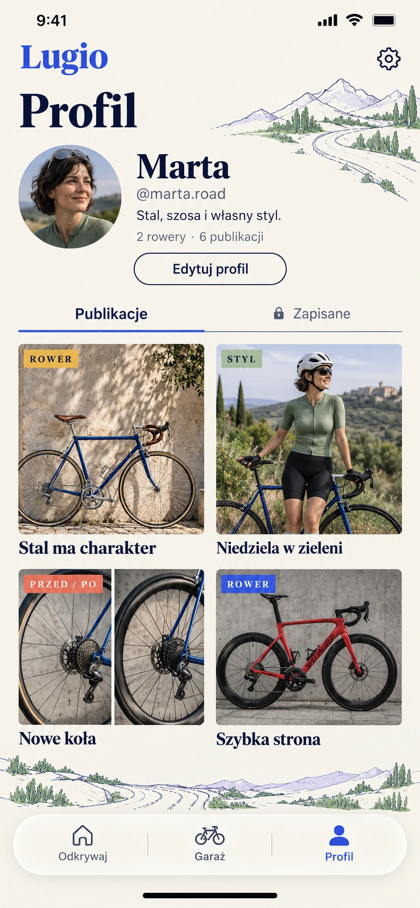 Makieta profilu: własne rowery, publikacje i zapisane inspiracje.