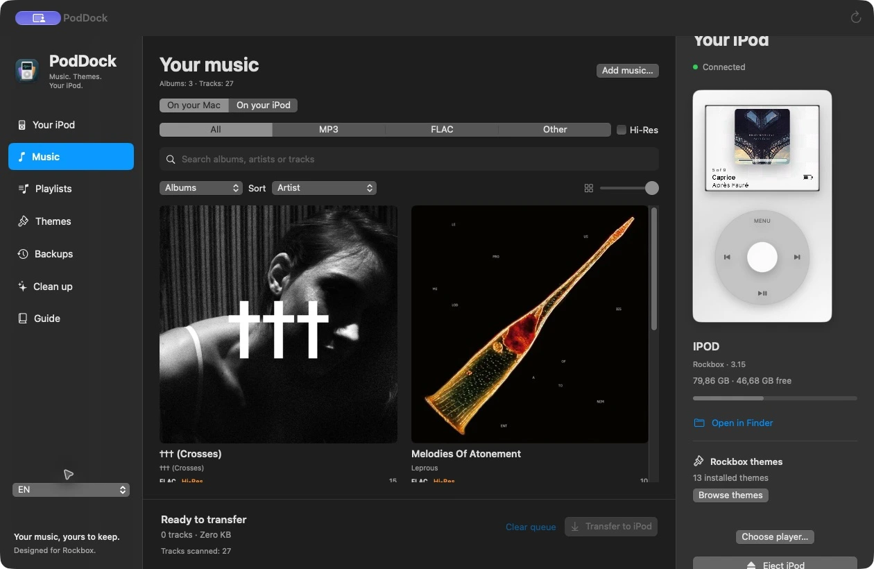 Albums, tracks and MP3 / FLAC views.
