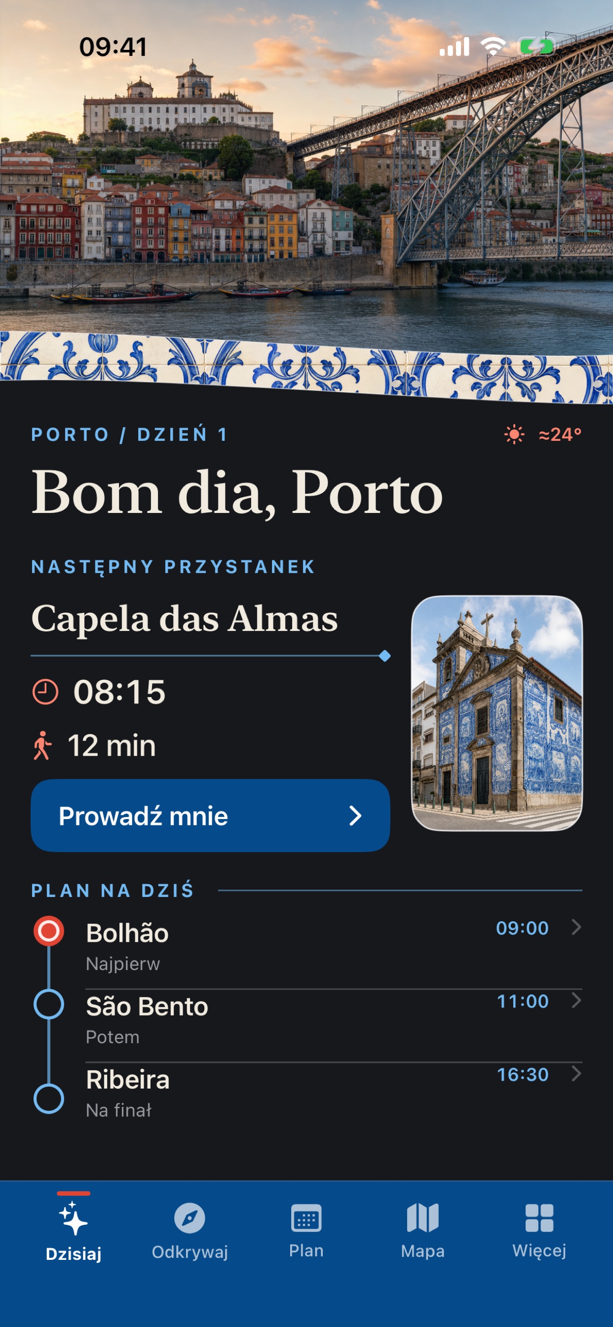 Ekran Dzisiaj prowadzi od miejsca do miejsca.