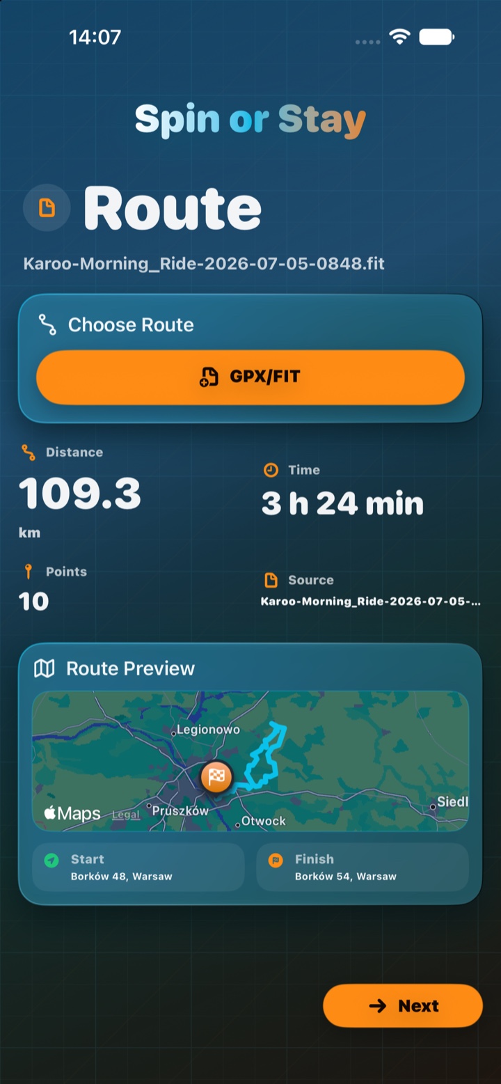 Import GPX or FIT and preview the route.